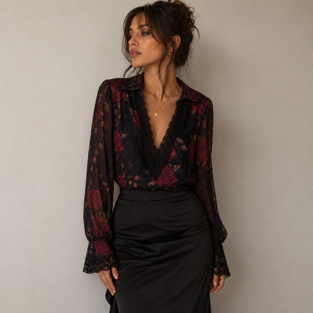 Dark Romantic sz L Floral Top Black Red Roses Sheer Sleeves Deep V Lace Trim